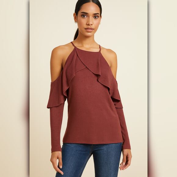 A117 • Cold Shoulder Ruffle Top – Long Sleeve Halter Neck Blouse - Picture 1 of 4